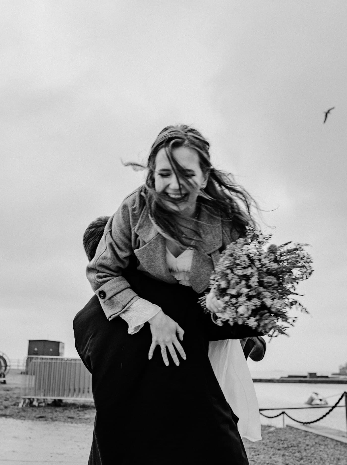 Black and white detail of a wedding bouquet