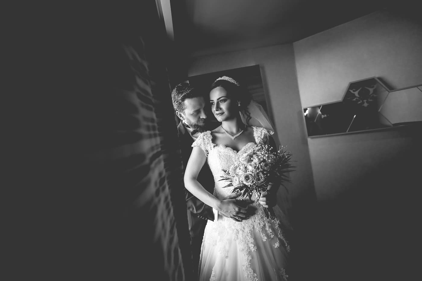Grayscale portrait of the wedding couple